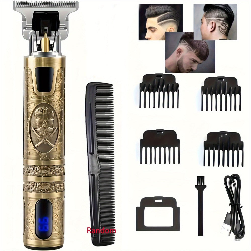 Hair Clippers & Trimmers Vintage Gold T-Blade Model with LCD Display, USB Charging and Three Etched Designs — image 3