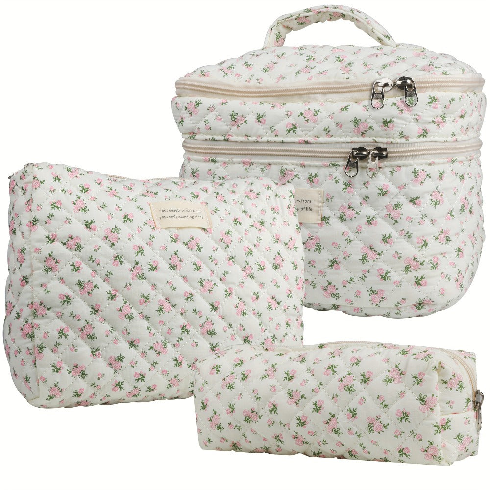 Makeup Bag Three-Piece Quilted Cotton Dual-Layer Floral Pouch Set for Travel, Vanity and Everyday Beauty Storage — image 10