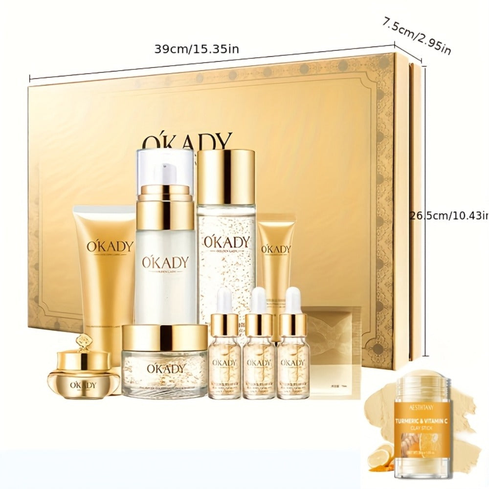Skincare Set with OKADY Label, 10 Gold-Themed Pieces with Mud Mask Stick and Day Night Product Forms — image 4