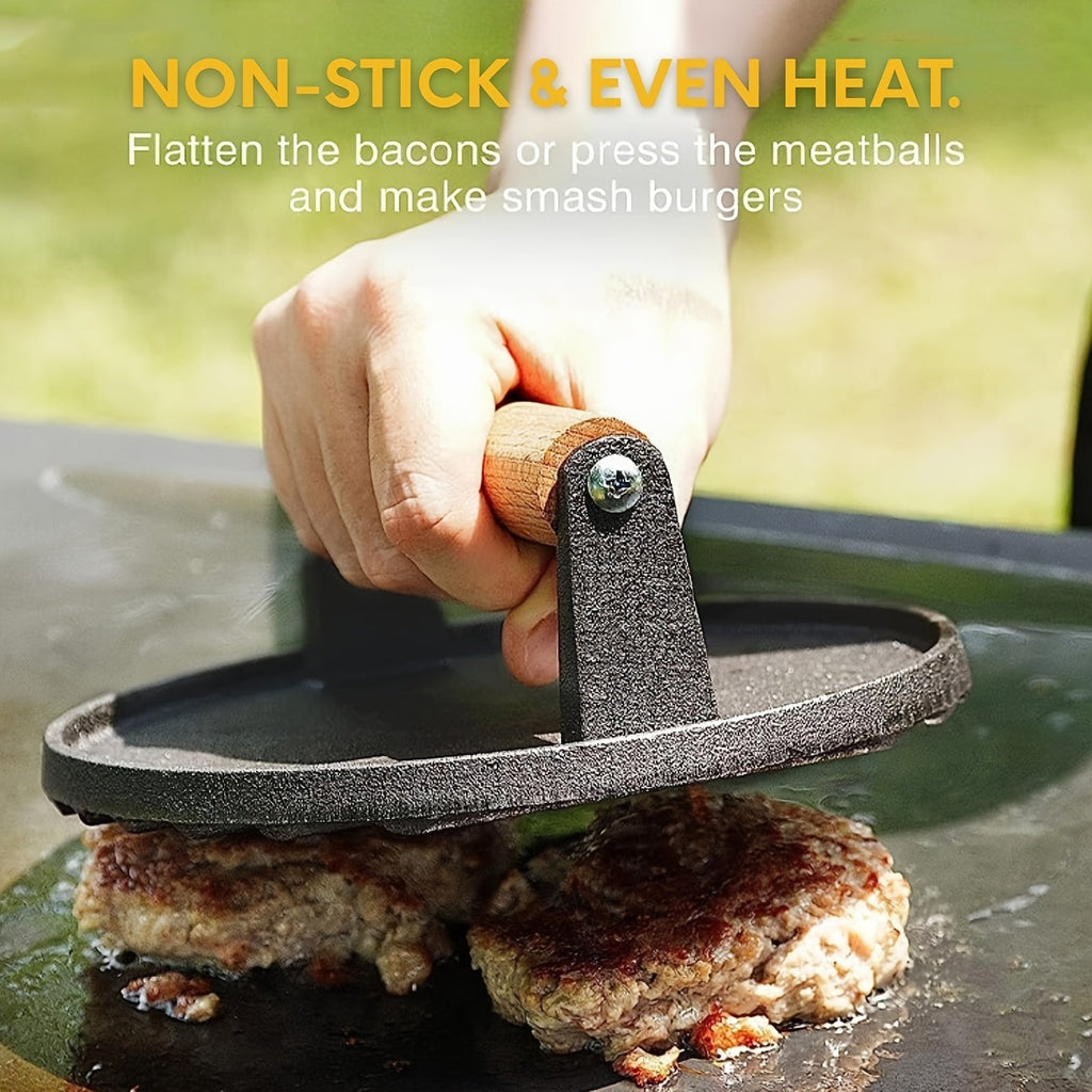 Smash Burger Press Cast Iron Heavy Duty Dual-Size Burger Smasher with Ergonomic Wood Handle – BBQ Grill Press for Smash Burge
