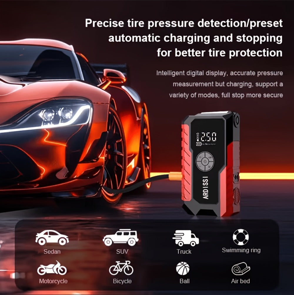 5-in-1 Jump Starter 5000A Peak – 10000mAh Power Bank, 150PSI Air Inflator, Type-C & LED Emergency Light for 12V Gas & Diesel 