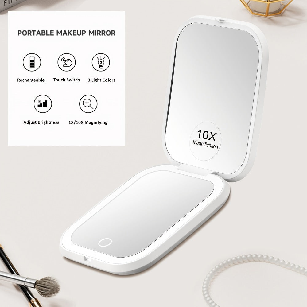 Rechargeable Pink or White LED Compact Mirror with 1X and 10X Views, Three Light Modes and Touch Dimming — image 5