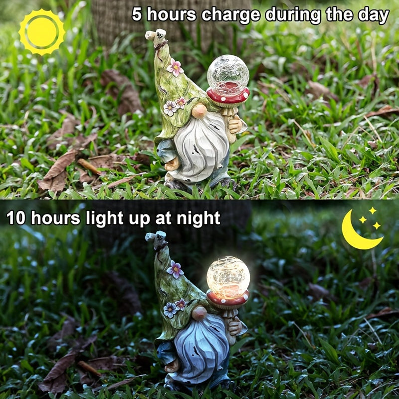 Solar Garden Gnome Statue with LED Magical Ball Light Outdoor Resin Dwarf Sculpture IP44 Waterproof Spring Yard Patio Decor H