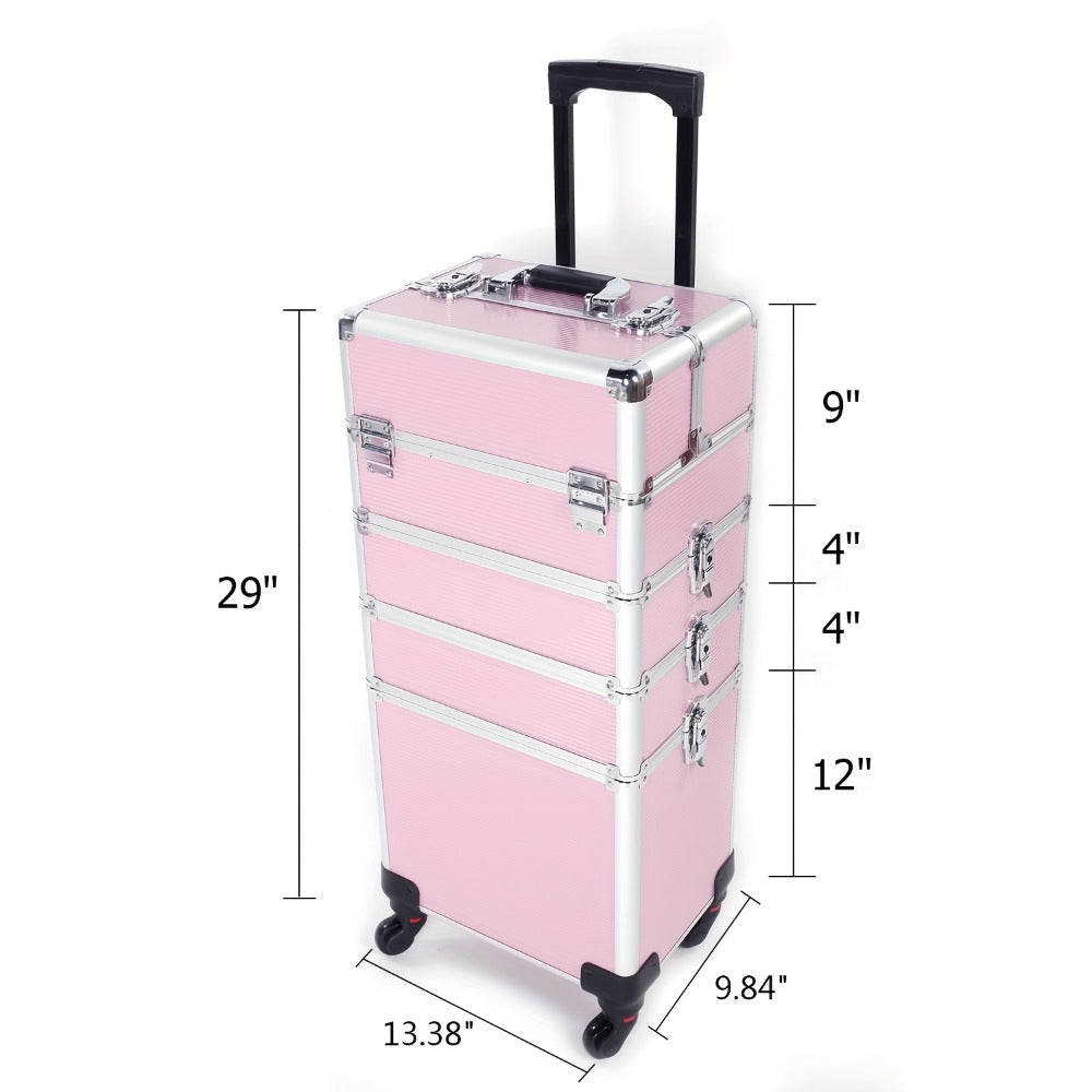 Rolling Makeup Case Aluminum 4-in-1 Extra Large Professional Cosmetic Trolley with 360° Swivel Wheels for Makeup Artist Tatto