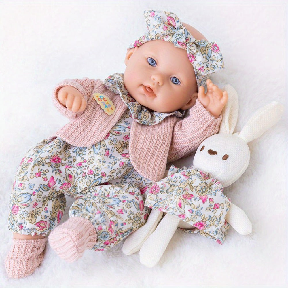 Floral Dress Baby Doll 12 Inch with Rabbit Plush Toy Gift Set, Realistic Vinyl Doll with Floral Outfit — image 6