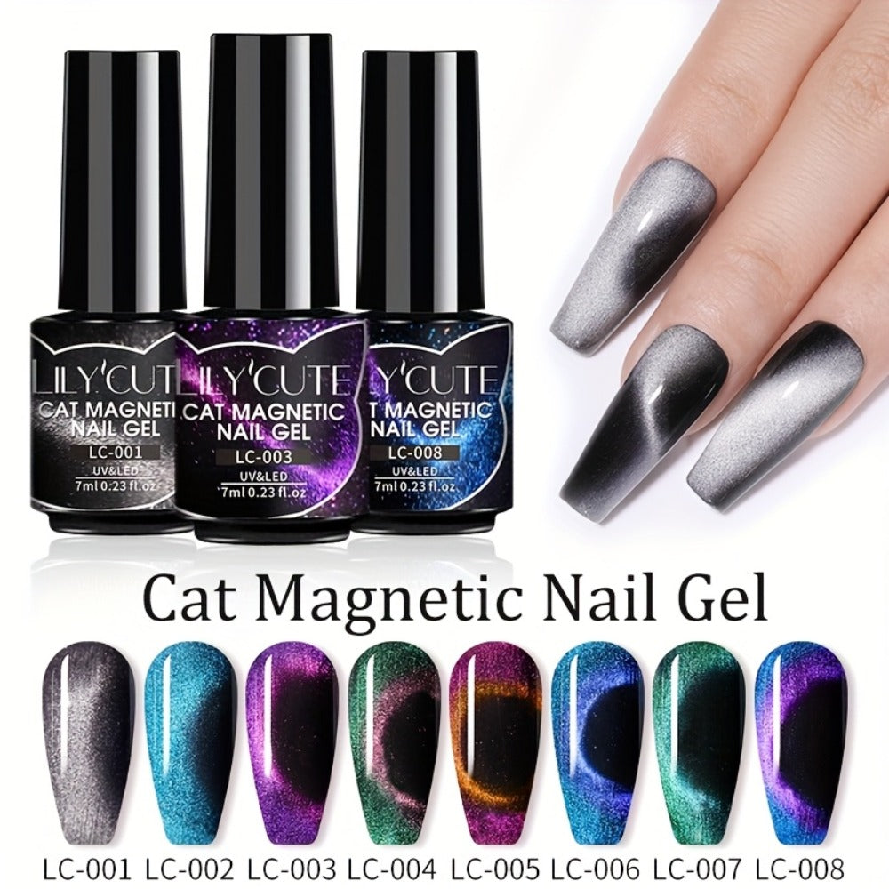 Gel Nail Polish 8-Piece Aurora Magnetic Cat-Eye Set with Black-Crystal Glitter and 3D Light-Shifting Finish for UV/LED Cure —