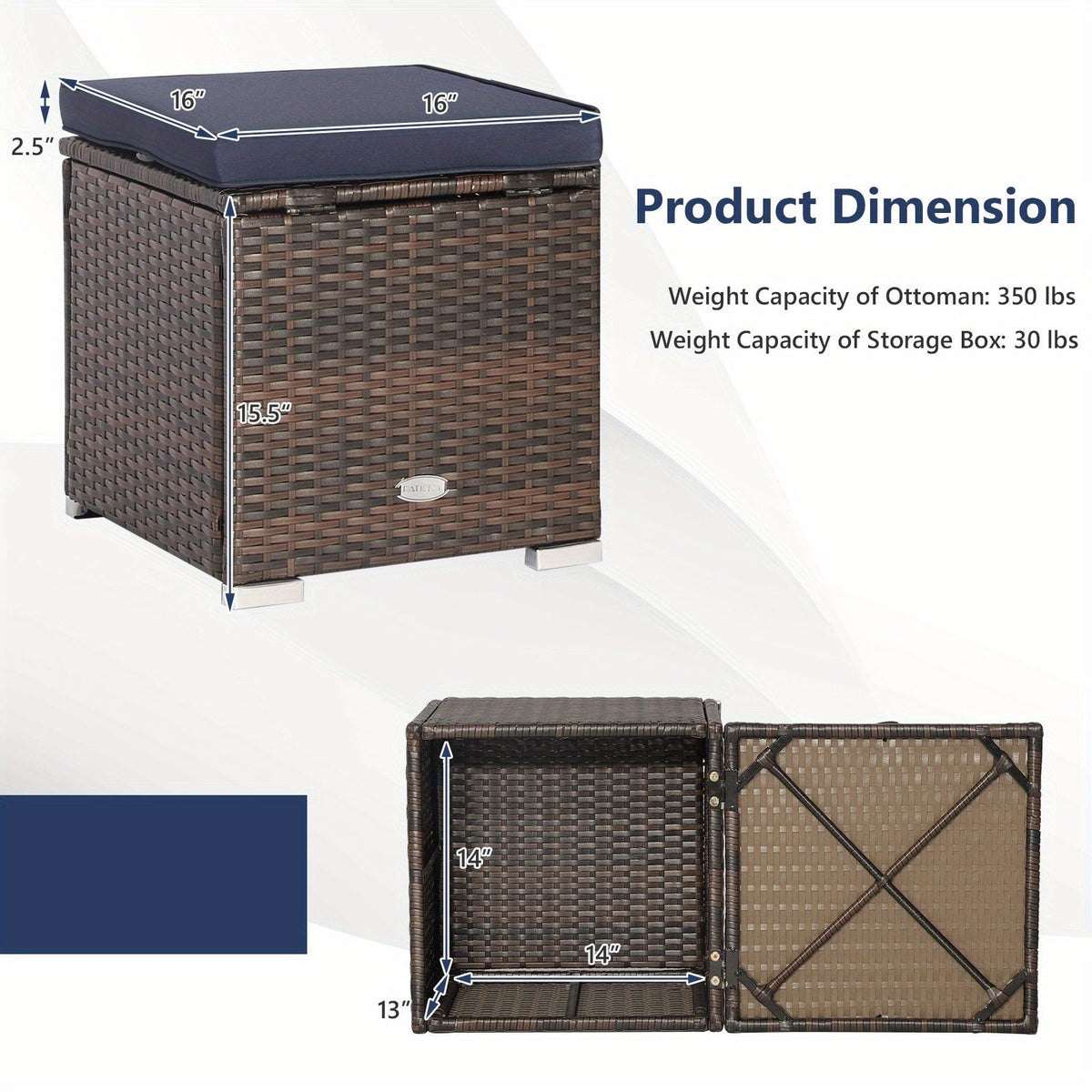 Outdoor Wicker Ottoman Set of 2 with Hidden Storage – PE Wicker Footstools with Detachable Cushions, Side Table & Extra Seati
