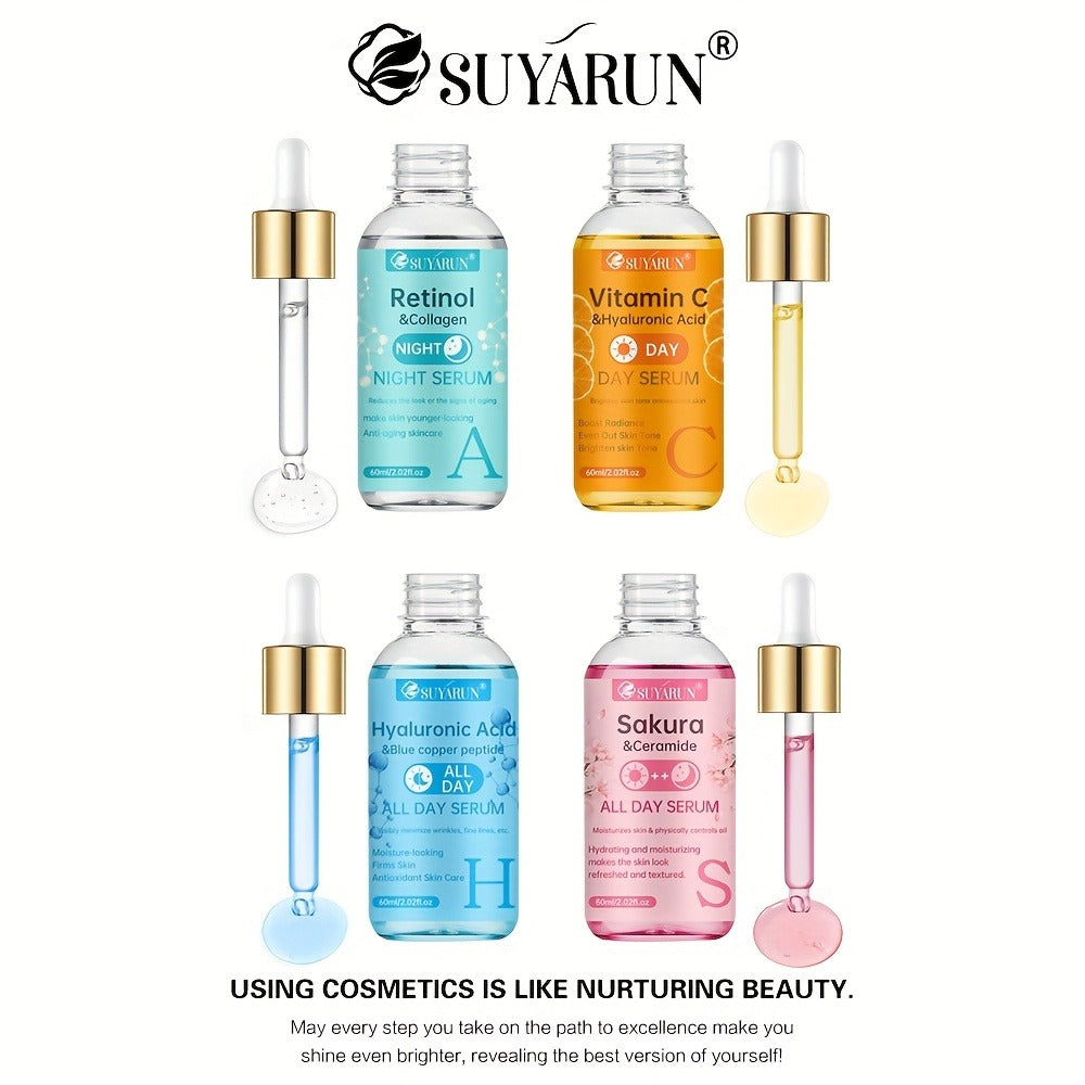 Face Serum Set 4-Piece Day & Night with Vitamin C Retinol Hyaluronic Acid Ceramide - Deep for Bath Time, Home Spa and Persona