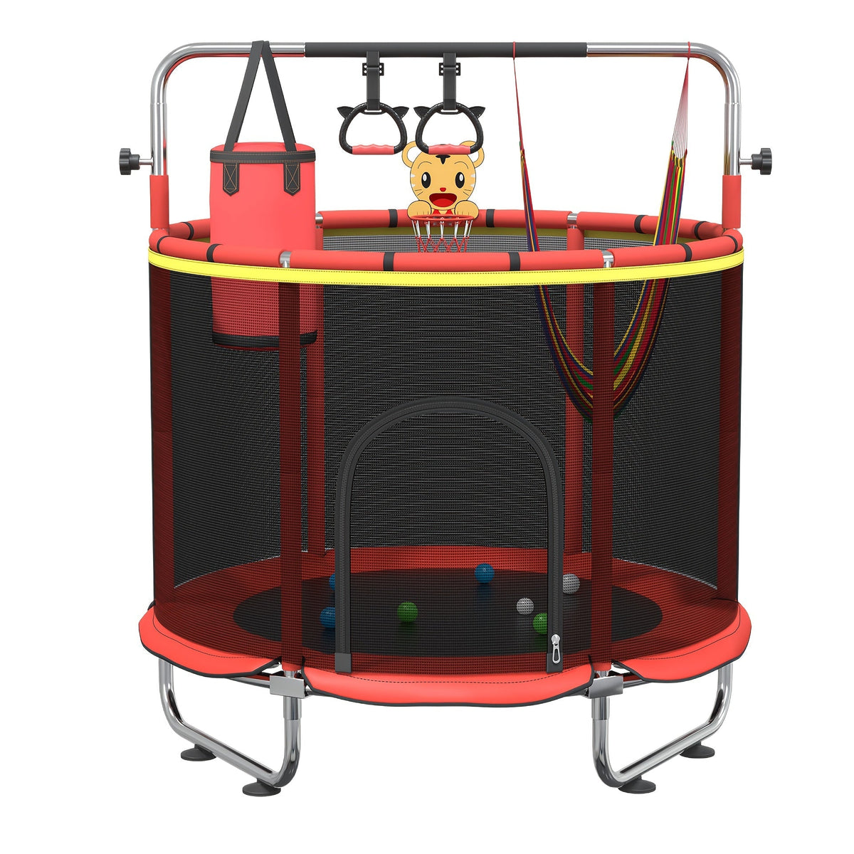 60 Inch Trampoline with Enclosure and Gymnastics Bar, Height Adjustable Indoor Outdoor Round Trampoline with Toys for Kids — 