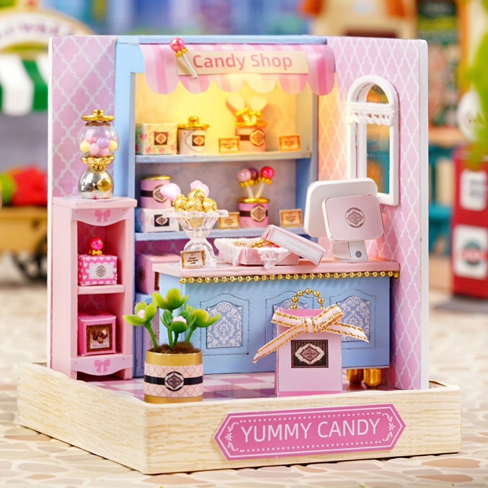 DIY Miniature Shop Dollhouse Kit with Dust Cover, Wooden Mini Store Assembly Set, 4 Themes Sakura Noodles Candy Atelier Coffe