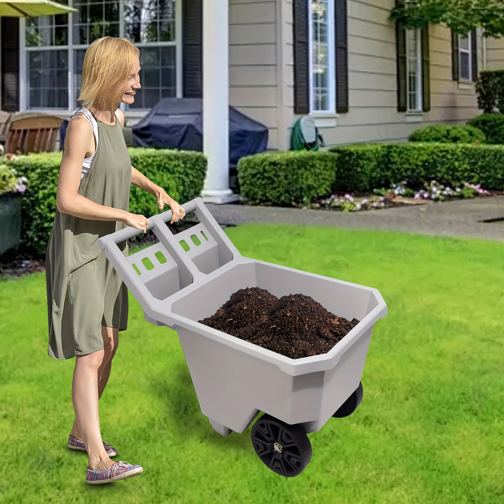 Wheelbarrow 2-Wheel Yard Cart, Push Pull Design with 9-Inch Solid Wheels, Trash & Garden Cart, Gray — image 8