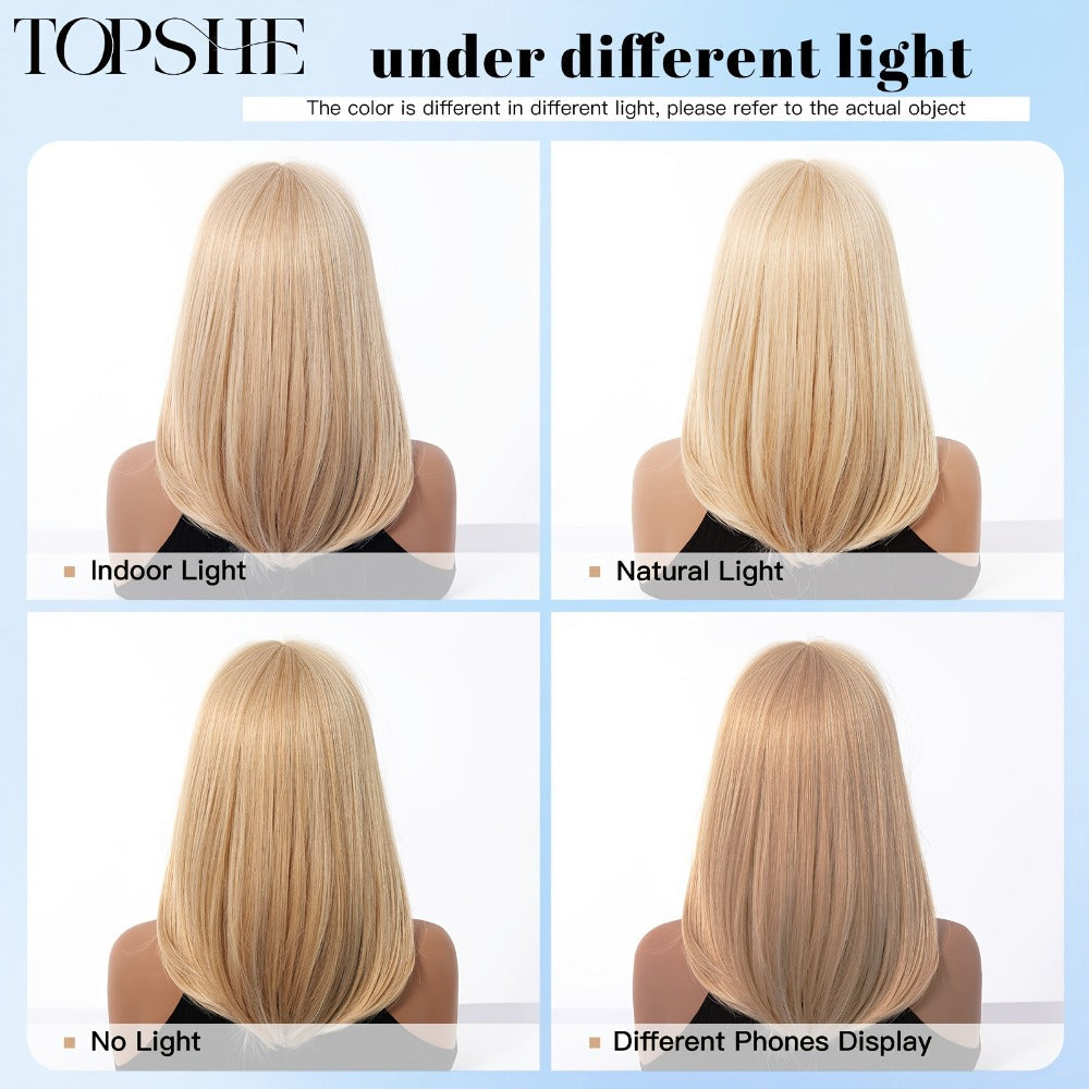 Synthetic Wig 14-Inch Golden Layered Straight Style with Full Bangs and Glueless Rose Net Cap — image 5