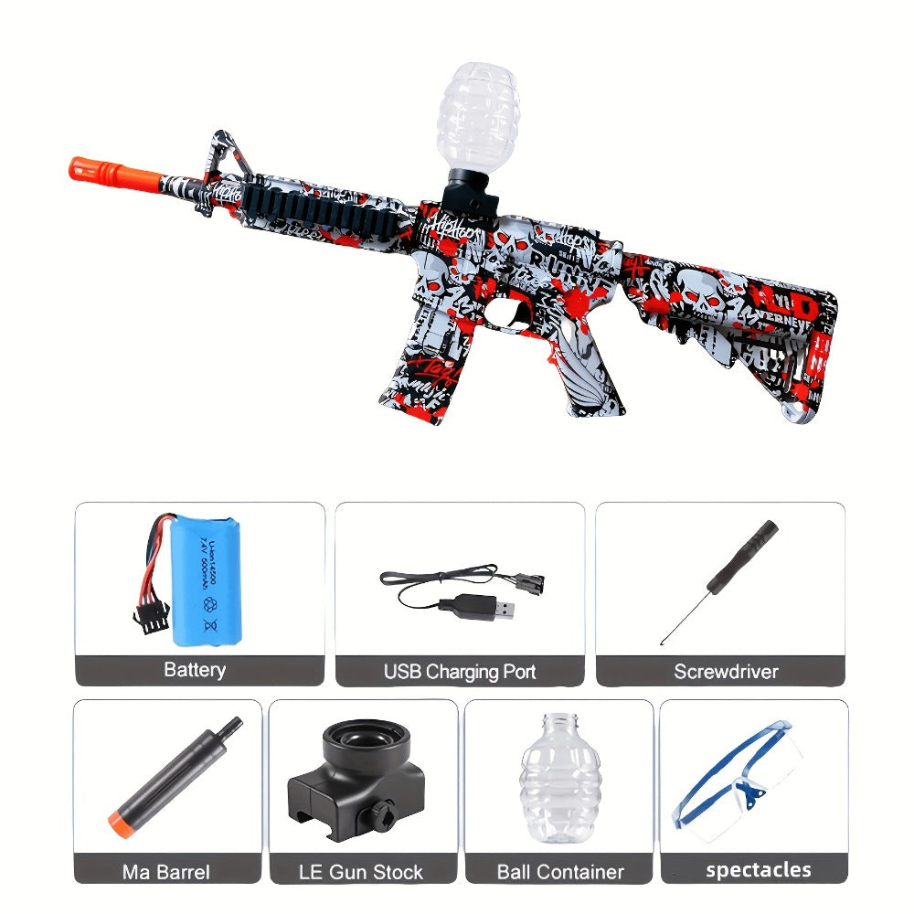 Red-White-and-Black Rifle-Style Electric Gel Blaster Set with Hopper, Stock, Barrel, Goggles and USB Cable — image 2