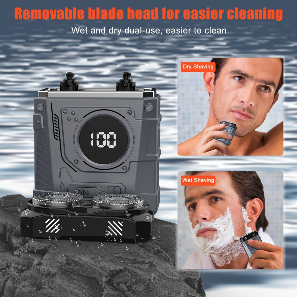 Compact Mecha-Green Dual-Rotary Electric Shaver with Front Battery Display and USB Cable Pictured — image 9