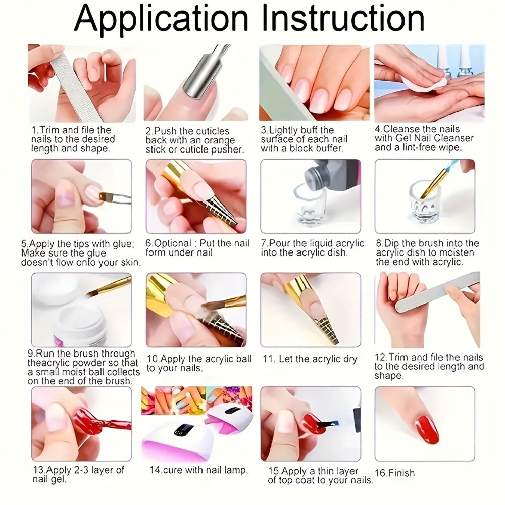 Acrylic Nail Kit 23-in-1 Complete Set with 12 Glitter Colors White & Pink Powder – DIY Nail Extension System No Glue No Liqui