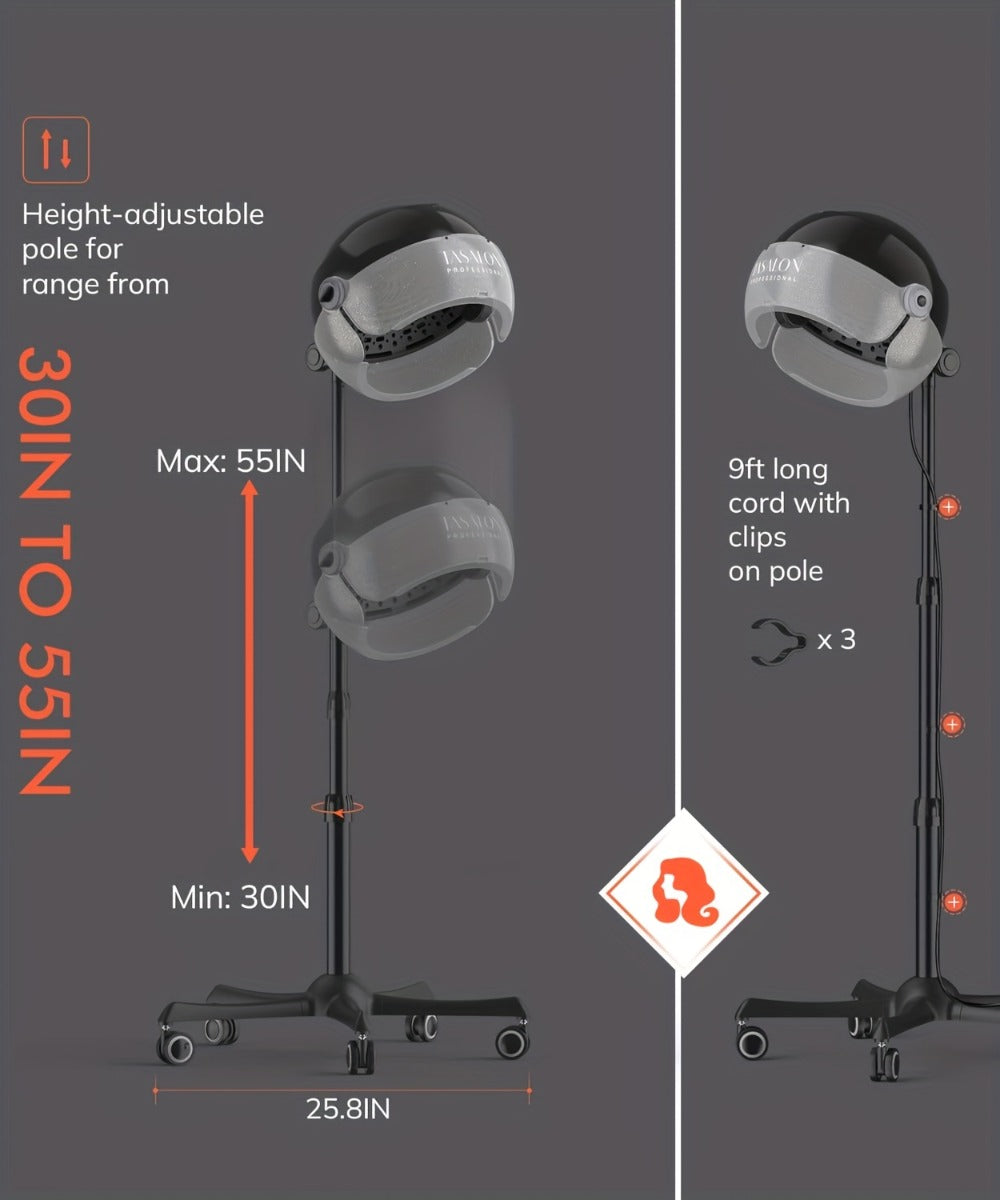 Hooded Hair Dryer 1875W Ionic Standing Bonnet Dryer on Wheels, 3 Heat Settings, Height Adjustable 30-55" — image 14