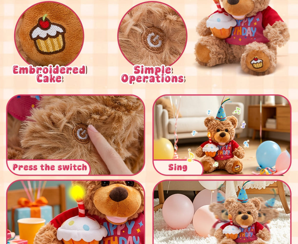 Singing Birthday Teddy Bear Plush Toy 13.5 Inch Interactive Stuffed Animal with the Listed Color, Size or Set Options for Eve