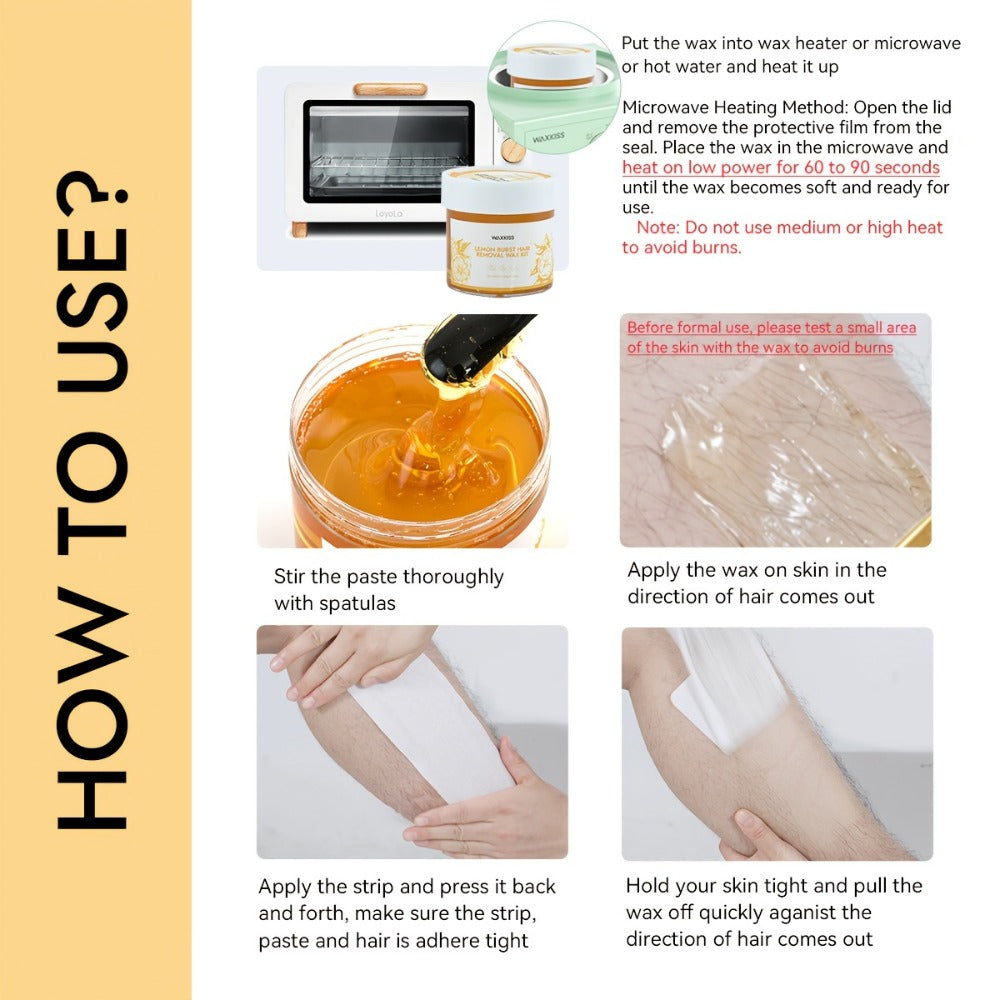 Sugar Wax Hair Removal Kit 300g – Gentle Soft Wax with Strips & Sticks for Body Hair Removal, Lemon or Activated Carbon Formu