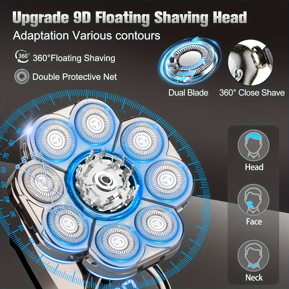 9D Floating Head Electric Razor for Bald Men 5-in-1 Grooming Kit Beard Trimmer Nose Hair Trimmer Facial Cleanser Body Groomer