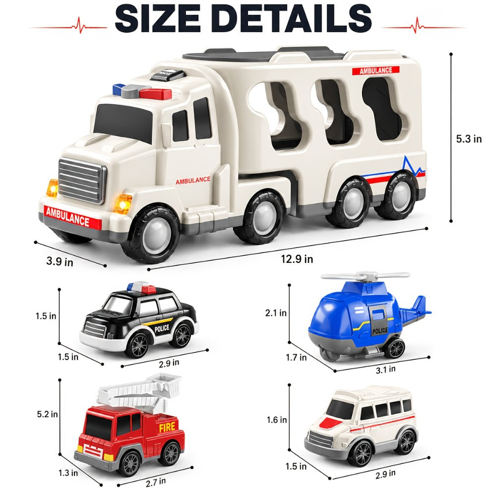 Ambulance Carrier Truck Toy Set 5-in-1 with Light & Sound for Kids Ages 3-8 with the Listed Color, Size or Set Options for Ev