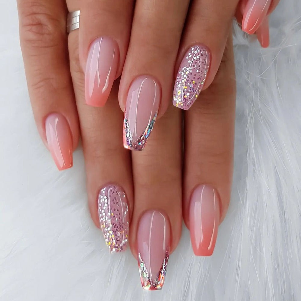 Press On Nails 120-Piece Medium Coffin Five-Pack Pinkish Purple Glitter Sequin Glossy Full-Cover Set — image 7