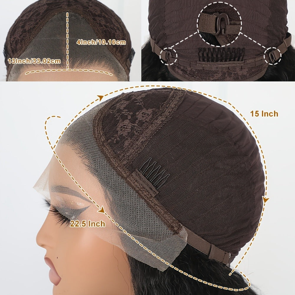 Synthetic Wig 26-Inch Black Kinky-Straight Yaki with HD Lace Front, Glueless Cap and with Item-Specific Color, Length, Textur