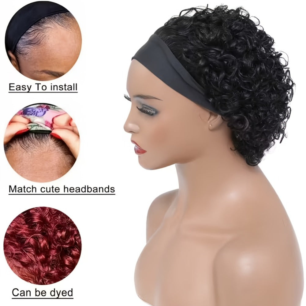 Kinky Curly Headband Wig Human Hair Brazilian 150% Density Glueless 6 Inch | No Glue No Gel Black Burgundy Rust | Beginner Fr