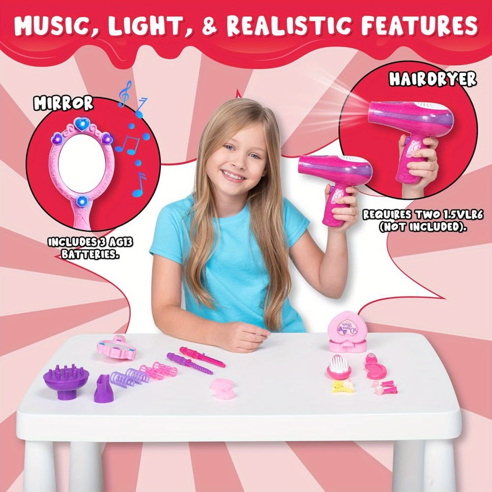 Girls Beauty Salon Toy Set 17 PCS, Pretend Play Hair Stylist Kit with Working Hairdryer Mirror Curling Wands Combs Clips & Je