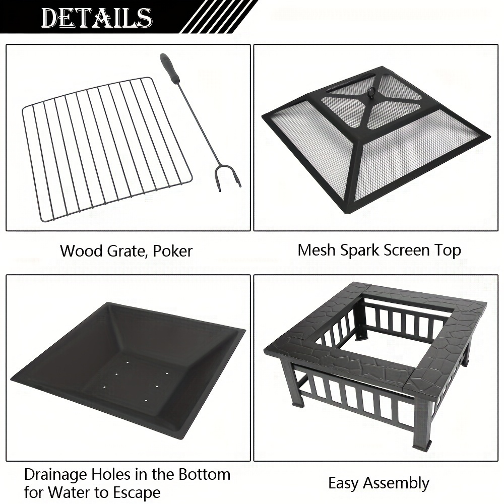 Black Square Fire Pit Table with Raised Mesh Cover, Perforated Side Panels and Wood-Burning Bowl — image 9