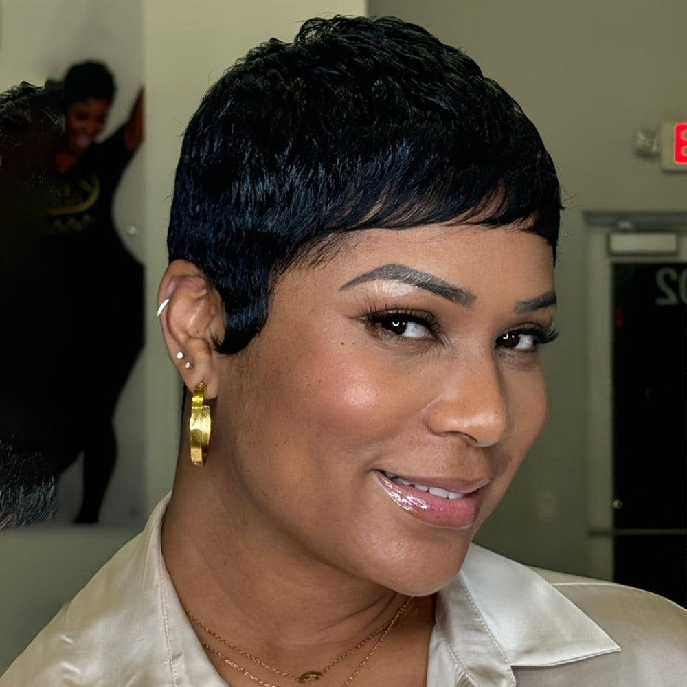 Brazilian Human Hair Pixie Cut Wig 150% Density Short Straight Machine Made Rose Net Cap Glueless Natural Black 4 Inch | Begi