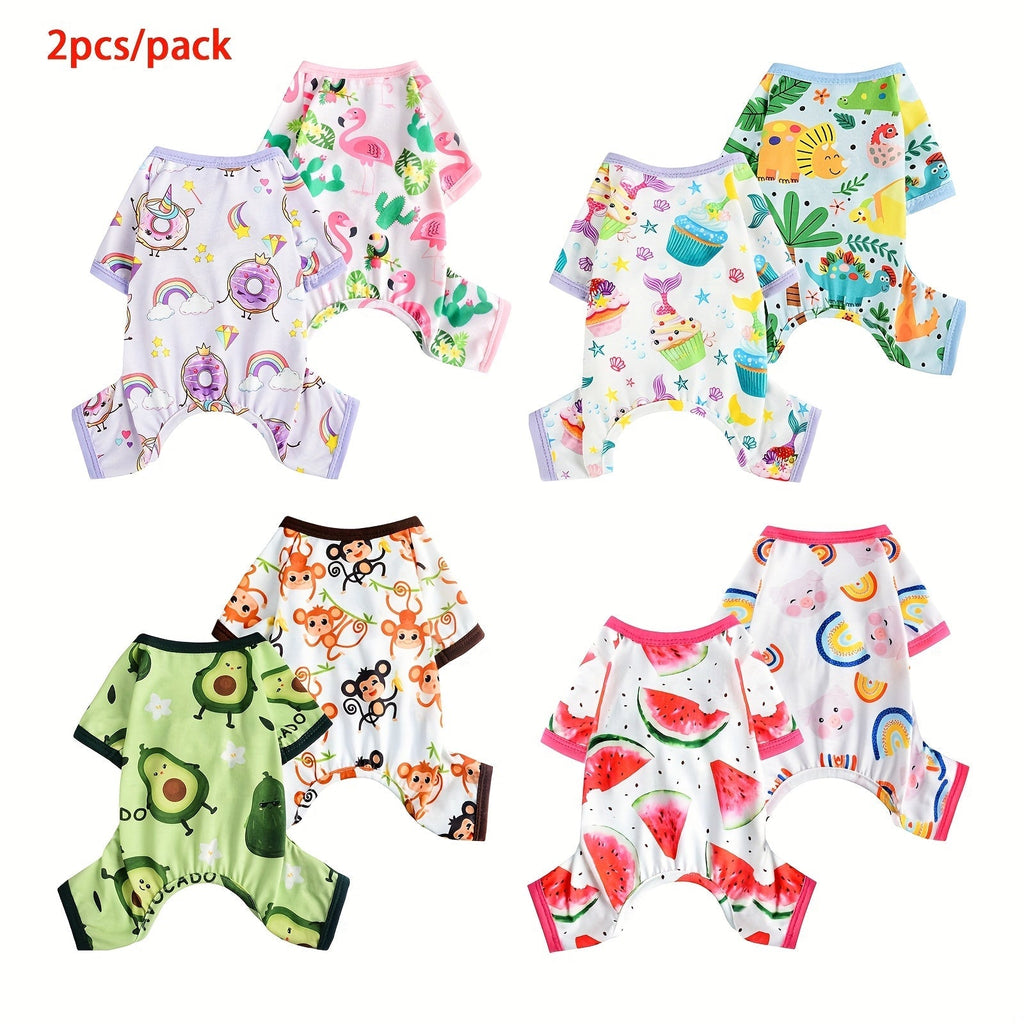 Two-Pack Dog Pajama Jumpsuits with Four Printed Pair Options and Complete XS–XXL Size Grid — image 1