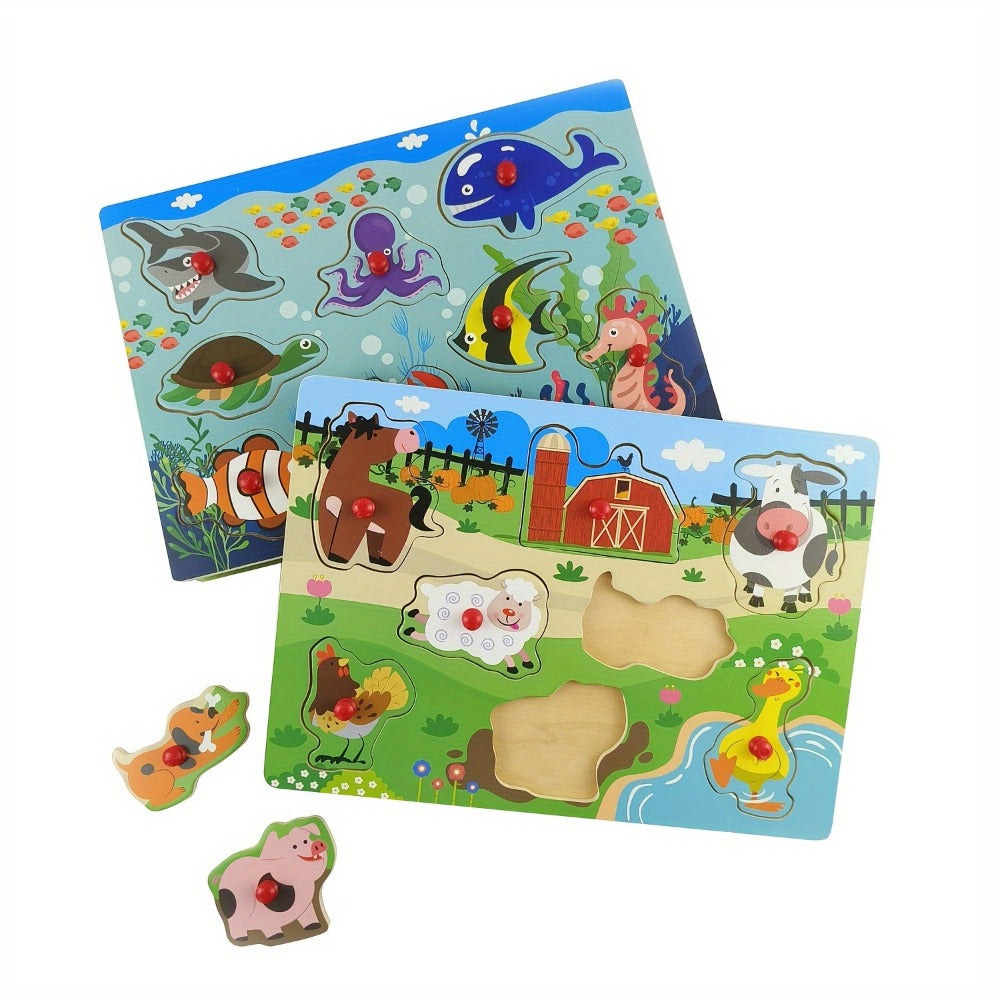 Four-Board Wooden Peg Puzzle Set with Colorful Animal Scenes and Red Knob Pieces for Matching Play — image 3