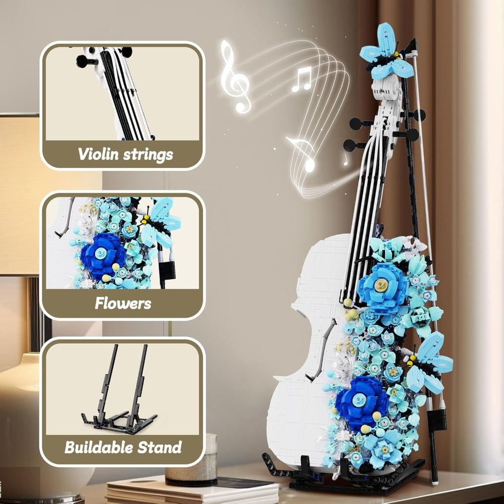 1419-Piece Flower Violin Building Block Model with Brick-Built Stand, Blue Blooms and Panel Detail — image 5