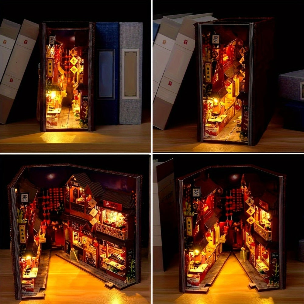 Book Nook Kit Chinese Food Street Miniature Dollhouse 3D Wooden Puzzle Bookshelf Insert DIY Model Building Set for Adults Tee