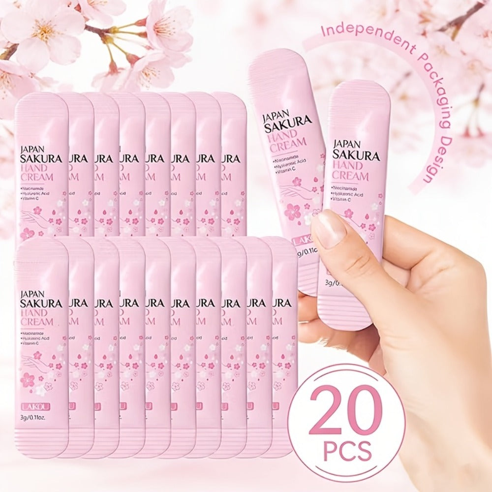 Twenty-Piece Pink Sakura-Print Mini Hand Cream Set with Individual 3-Gram Travel Sachet Tubes — image 1