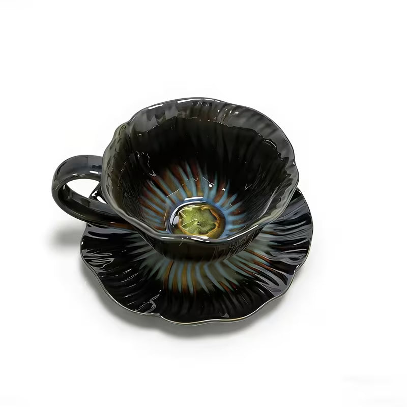 10 oz Embossed Floral Ceramic Coffee Mug with Saucer
