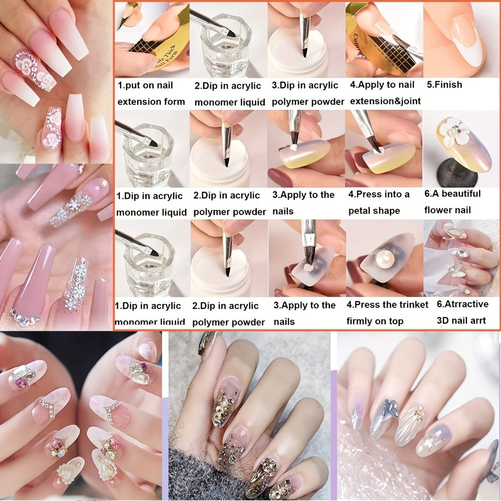 Acrylic Nail Kit with Clear Pink White Powders, Liquid Monomer, Four Brushes, Forms and Mixing Dish — image 6