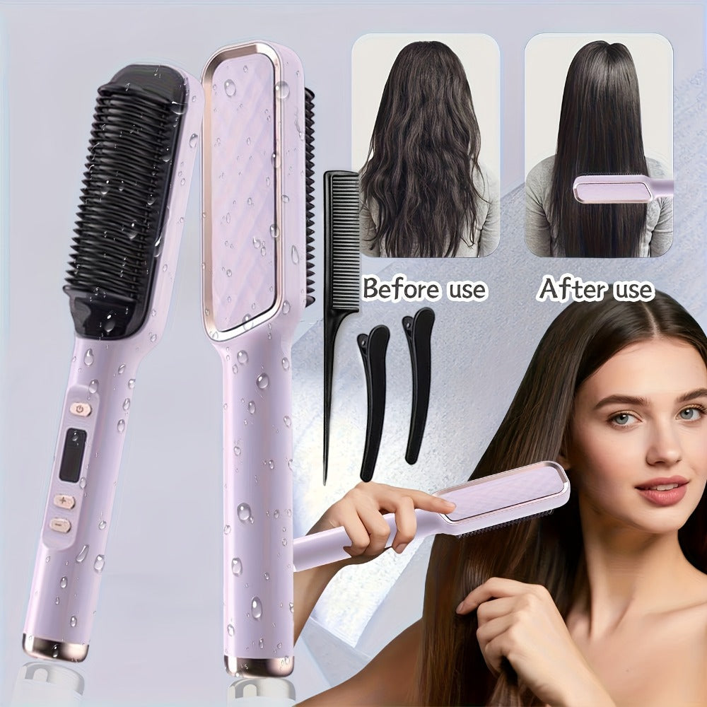 2-in-1 Hair Straightener & Curler LCD Display – 35-Second Fast Heat 4-Speed Temperature Anti-Scald Flat Iron Brush for Women 