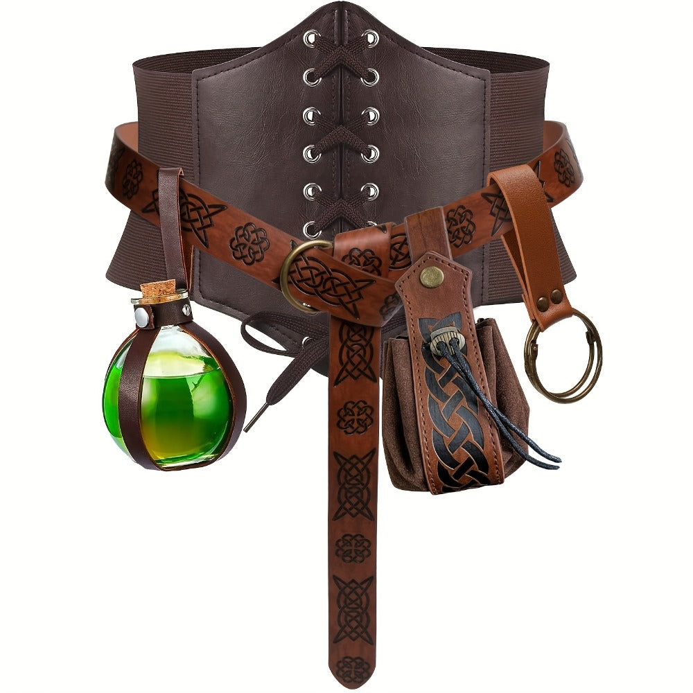 Medieval Costume Accessories Set 5-Piece, Corset Belt, Renaissance Belt Bag, Cork Potion Bottle & More for Halloween — image 