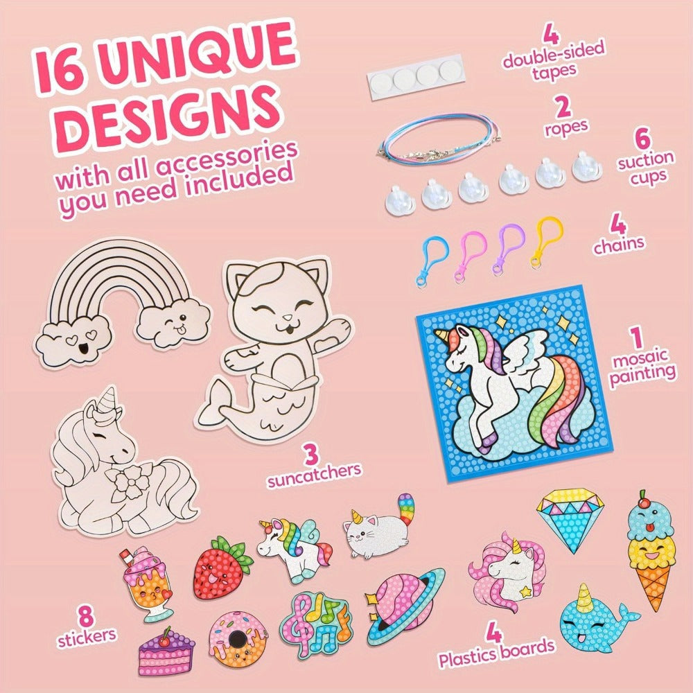 Diamond Gem Painting Kit for Girls Ages 6+ 16 Projects, 5D Gem Art Set with 2800+ Gems Unicorn Suncatchers Keychains Necklace