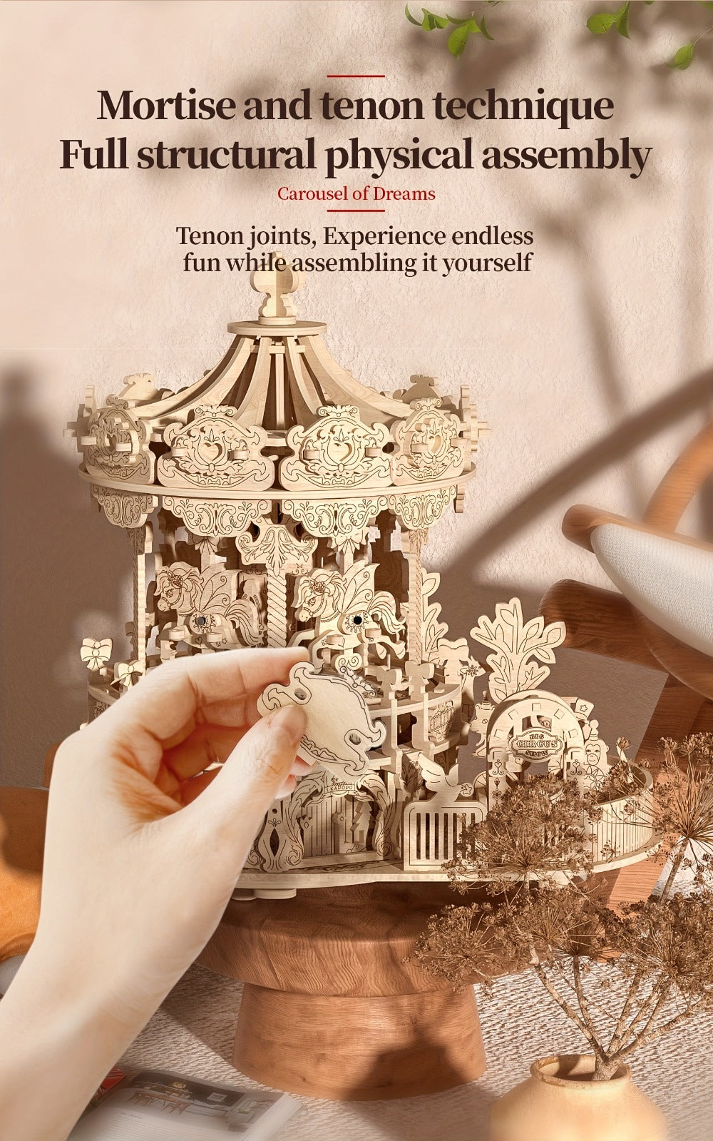 Rotating Merry-Go-Round Wooden Puzzle Kit, Mechanical Carousel 3D Model for Adults & Teens, DIY Kinetic Display Piece — image