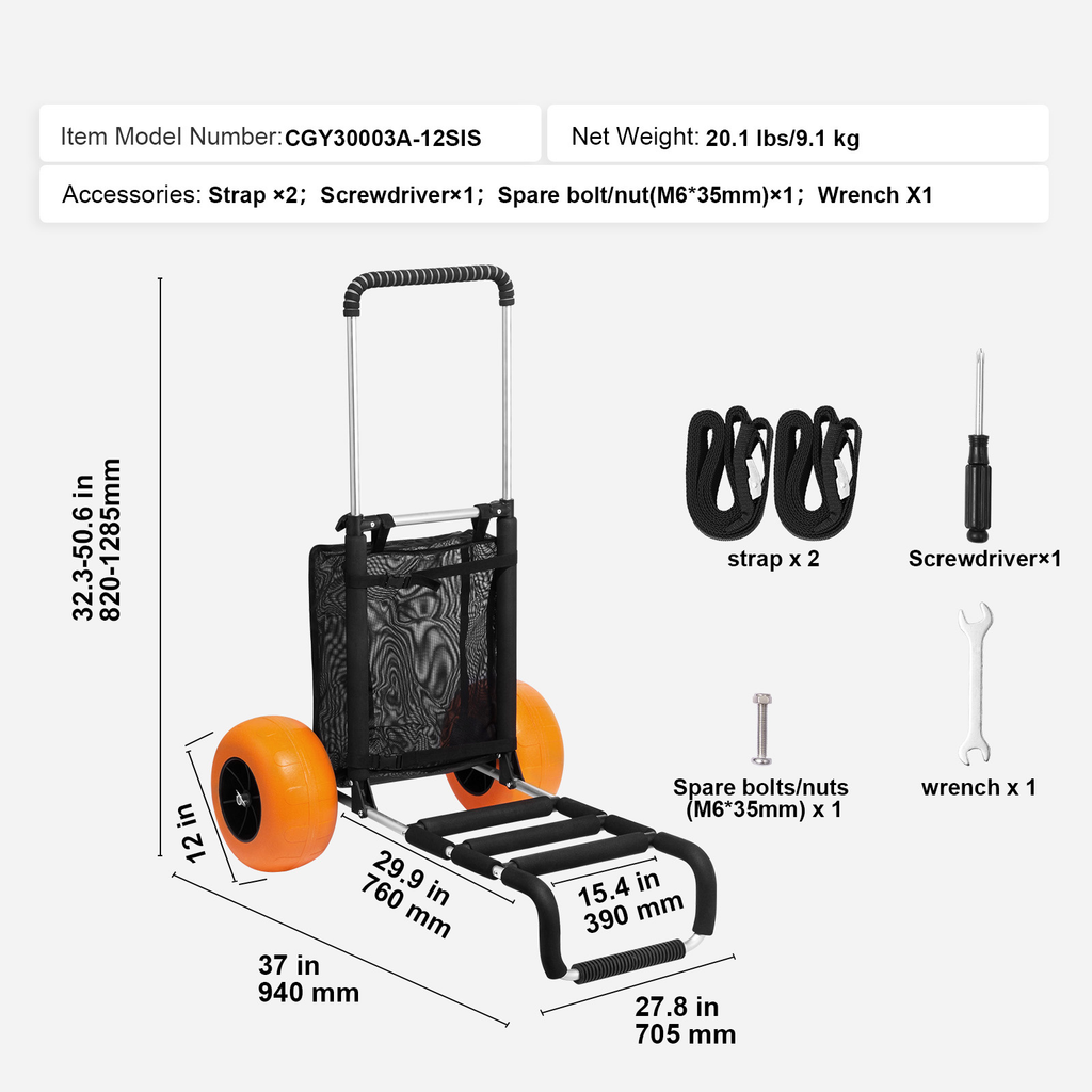 Beach Cart Aluminum Alloy 12-Inch PU Foam Wheels Folding Sand Cart Adjustable Handle for Camping Fishing Gardening Outdoor — 