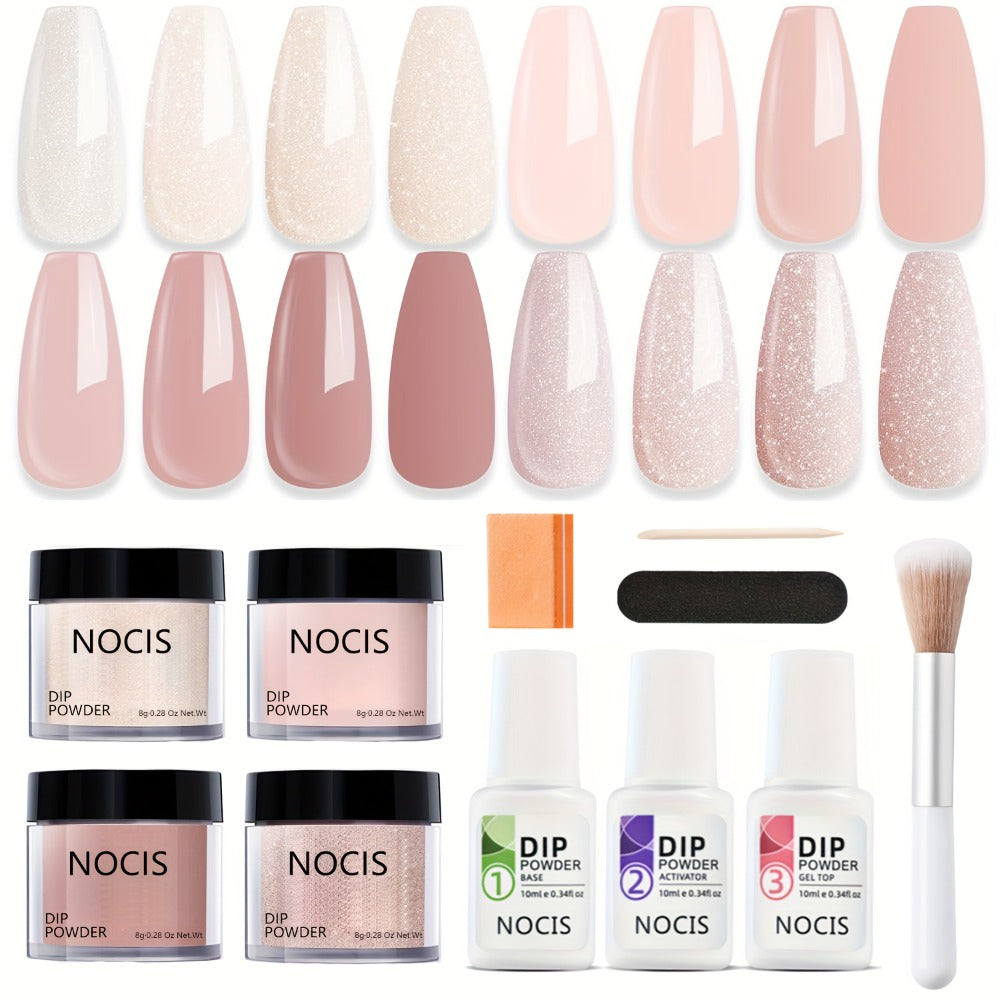 Dip Powder Nail Kit with NOCIS Label, Four Nude Blush Shimmer Powders, Three 10ml Liquids and Four Tools — image 1