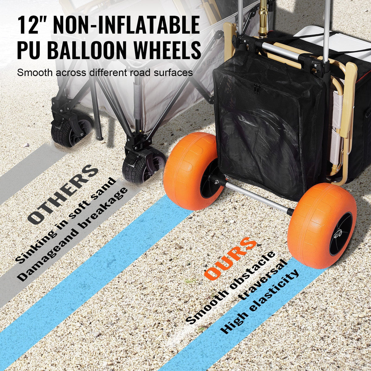 Beach Cart Aluminum Alloy 12-Inch PU Foam Wheels Folding Sand Cart Adjustable Handle for Camping Fishing Gardening Outdoor — 
