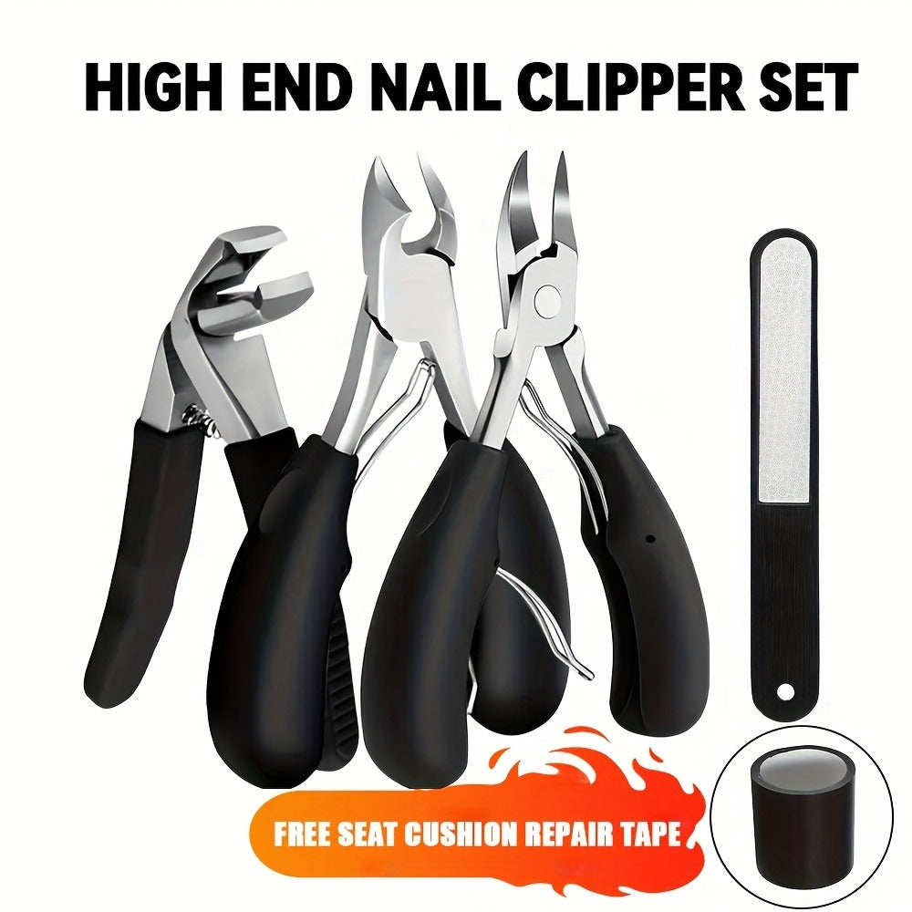 Angled Nail Clipper Set, Four Black-Handle Clipper Tools with Curved Jaws, File and Round Accessory — image 1