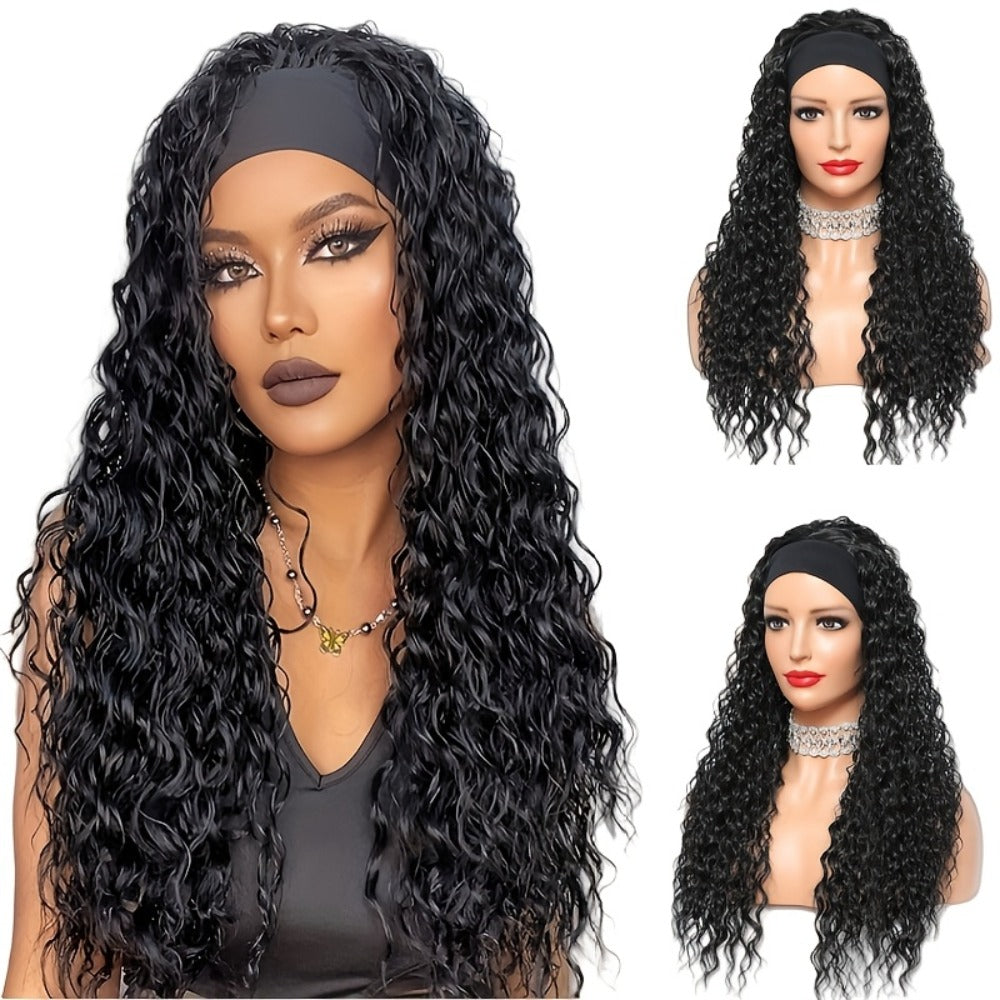 Headband Wig Curly Wavy for Women Black Synthetic Glueless No Lace – Elastic Cap Heat Resistant Beginner Friendly for Daily W