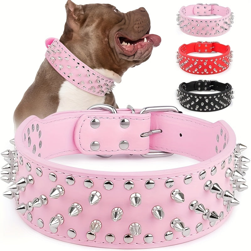 Wide Studded Dog Collar with Faux-Leather Band, Metal Spikes and Rivets in Six Colors, Sizes M and L — image 1