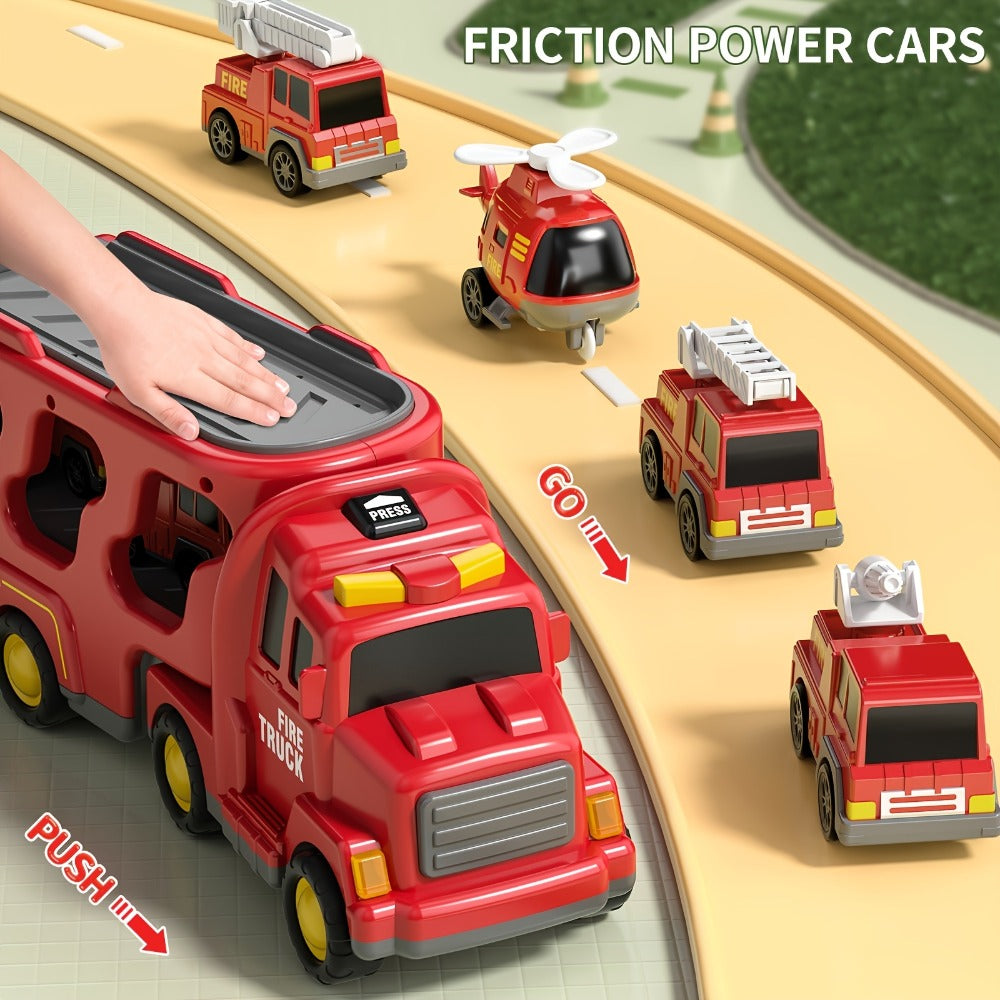 5-in-1 Fire Truck Playset for Kids 3-9, Friction Powered Interchangeable Rescue Vehicles Set with Carrier Truck — image 5