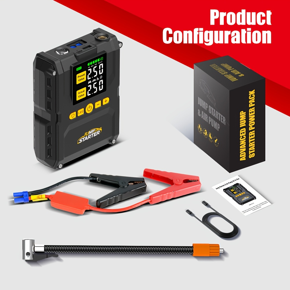 6500A Jump Starter with 150PSI Built-in Air Compressor QC3.0 USB-A USB-C LED Flashlight Smart Safety for Garden, Patio and Ya