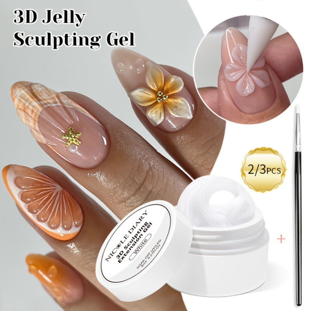 3D Sculpting Builder Gel Kit with Carving Pen – Clear & White Nail Extension Gel for Floral Nail Art, Acrylic Extensions & DI